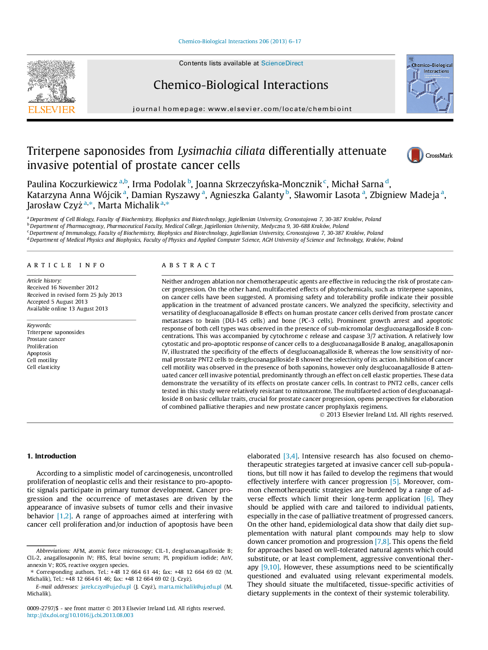 Triterpene saponosides from Lysimachia ciliata differentially attenuate invasive potential of prostate cancer cells