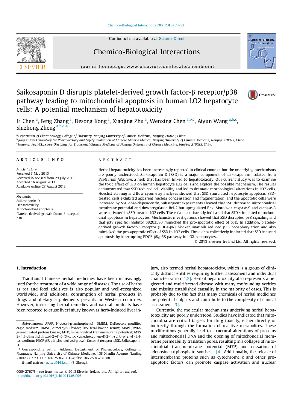 Saikosaponin D disrupts platelet-derived growth factor-Î² receptor/p38 pathway leading to mitochondrial apoptosis in human LO2 hepatocyte cells: A potential mechanism of hepatotoxicity