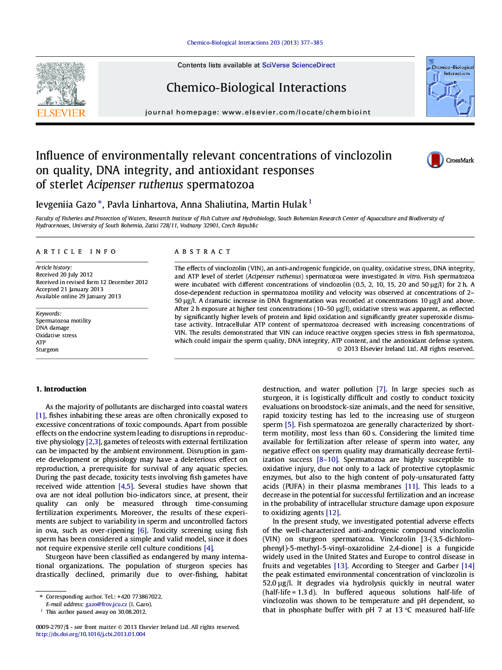 Influence of environmentally relevant concentrations of vinclozolin on quality, DNA integrity, and antioxidant responses of sterlet Acipenser ruthenus spermatozoa