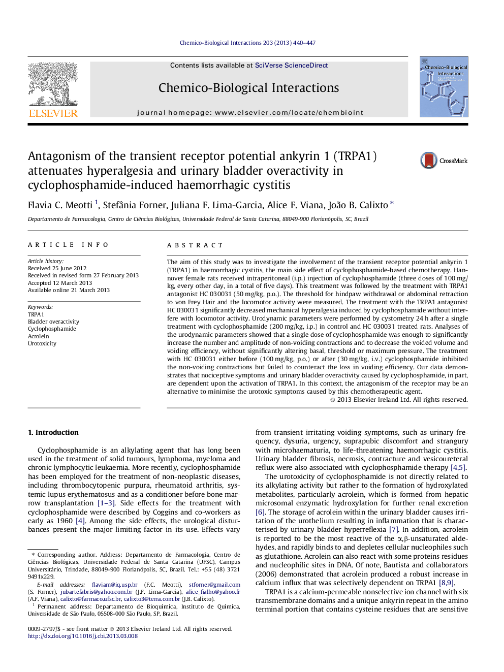 Antagonism of the transient receptor potential ankyrin 1 (TRPA1) attenuates hyperalgesia and urinary bladder overactivity in cyclophosphamide-induced haemorrhagic cystitis