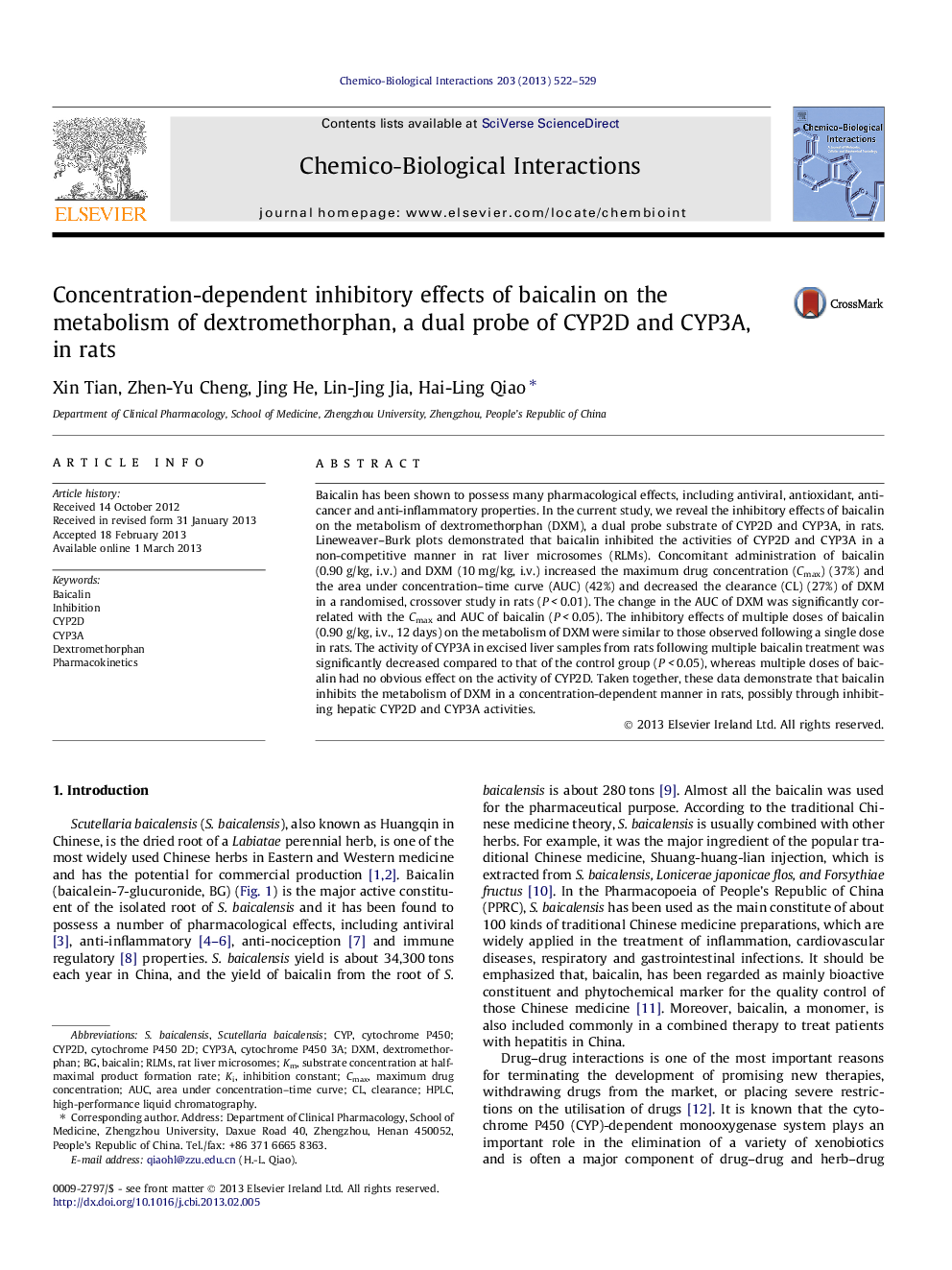 Concentration-dependent inhibitory effects of baicalin on the metabolism of dextromethorphan, a dual probe of CYP2D and CYP3A, in rats