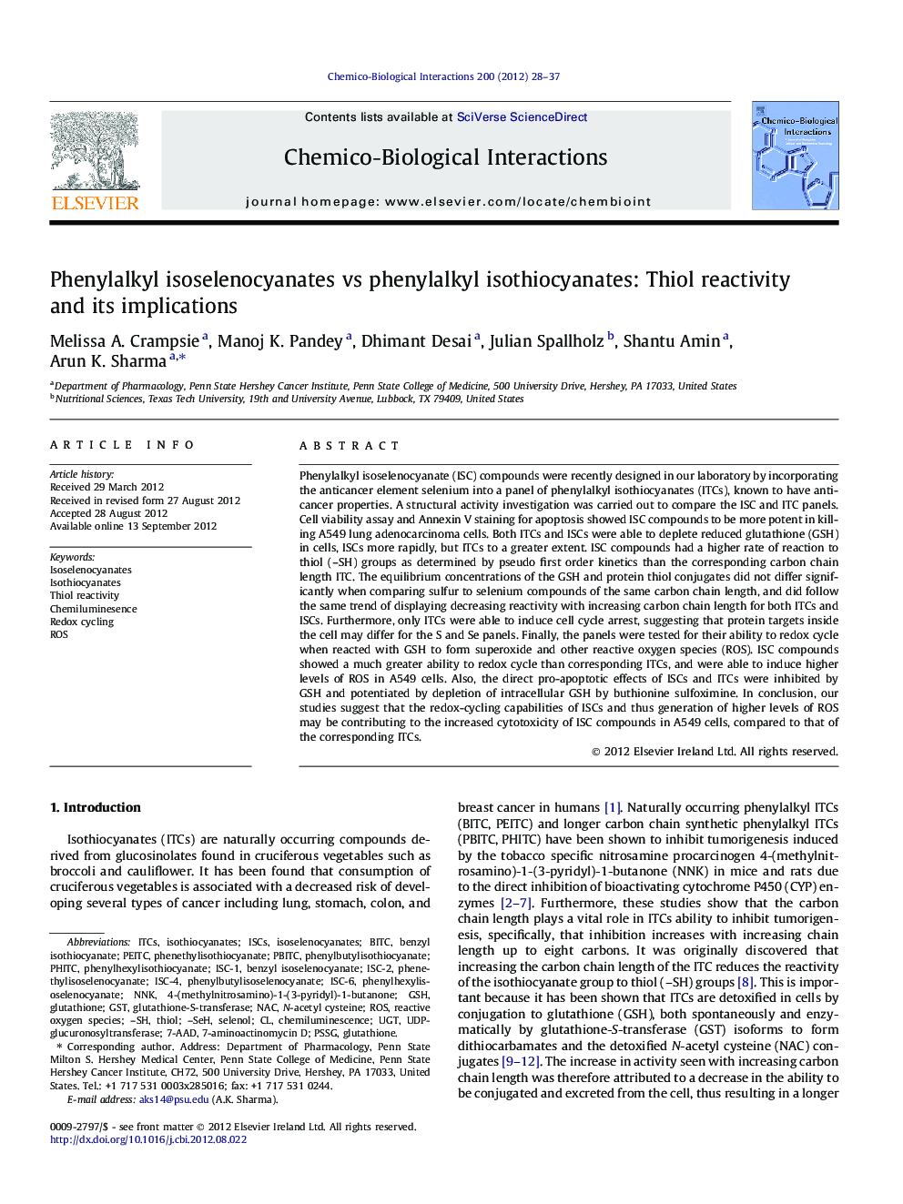 عکس صفحه اول مقاله: Phenylalkyl isoselenocyanates vs phenylalkyl isothiocyanates: Thiol reactivity and its implications Phenylalkyl isoselenocyanates vs phenylalkyl isothiocyanates: Thiol reactivity and its implications