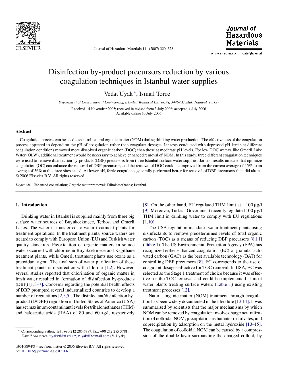 Disinfection by-product precursors reduction by various coagulation techniques in Istanbul water supplies