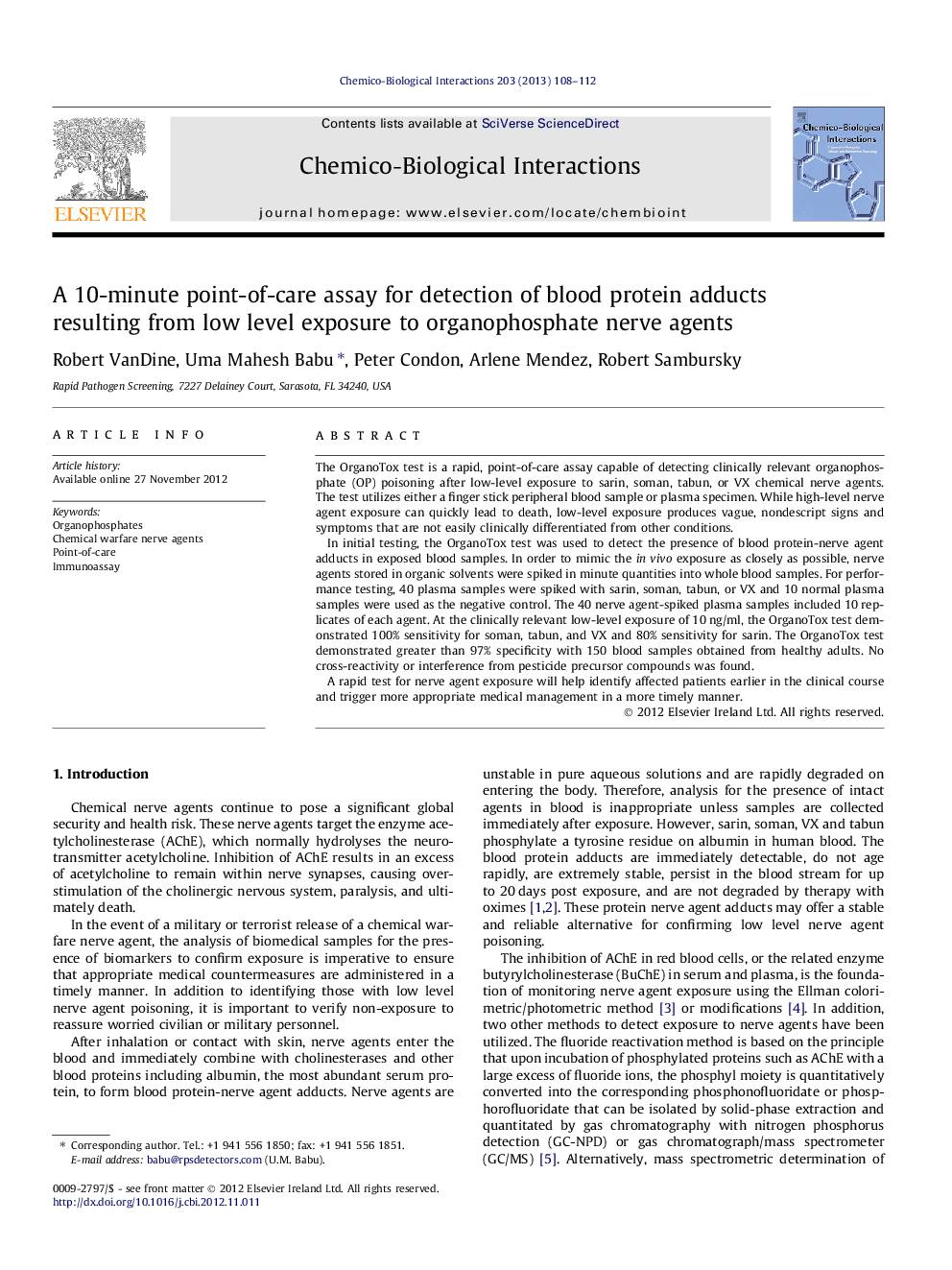 A 10-minute point-of-care assay for detection of blood protein adducts resulting from low level exposure to organophosphate nerve agents