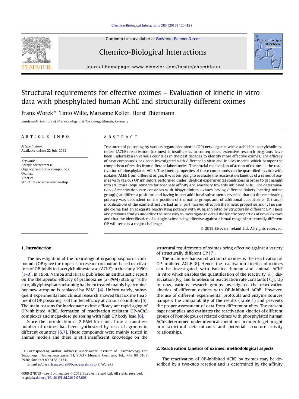 Structural requirements for effective oximes - Evaluation of kinetic in vitro data with phosphylated human AChE and structurally different oximes