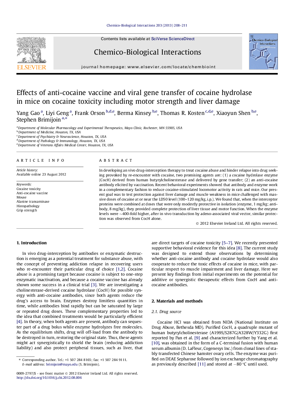 Effects of anti-cocaine vaccine and viral gene transfer of cocaine hydrolase in mice on cocaine toxicity including motor strength and liver damage