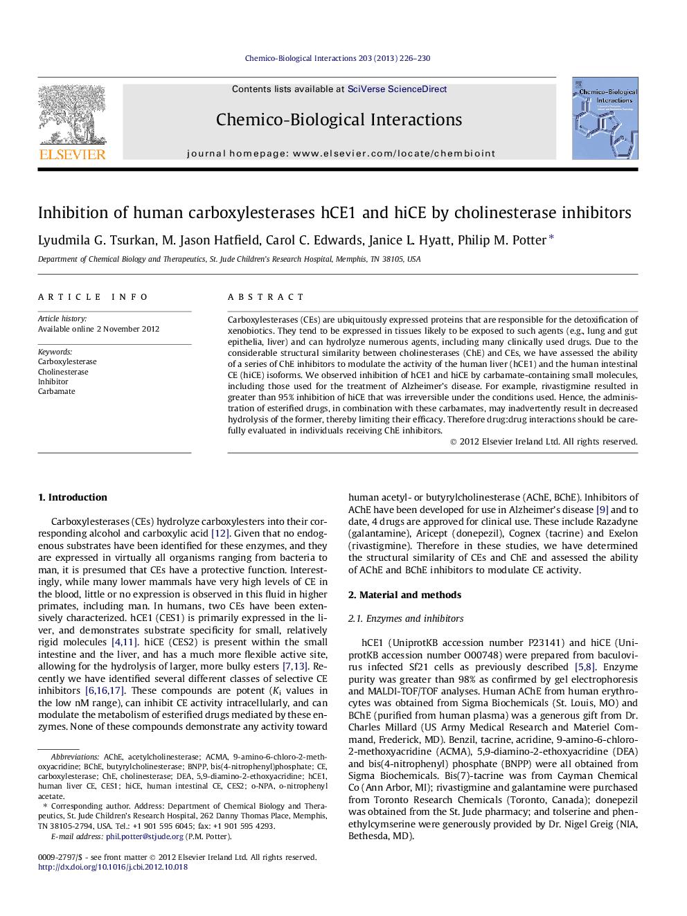 Inhibition of human carboxylesterases hCE1 and hiCE by cholinesterase inhibitors