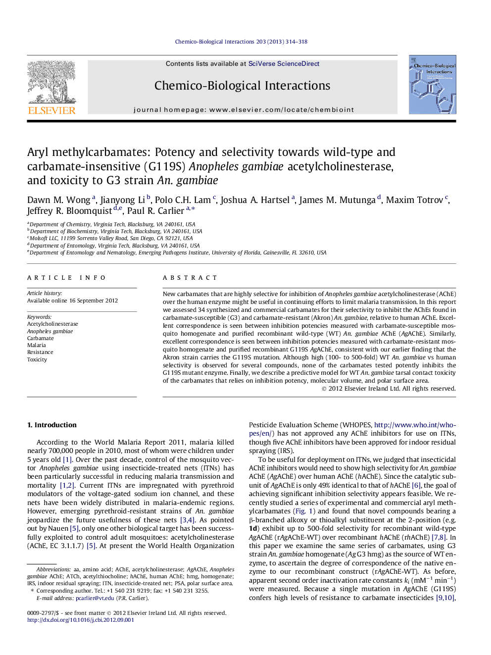 Aryl methylcarbamates: Potency and selectivity towards wild-type and carbamate-insensitive (G119S) Anopheles gambiae acetylcholinesterase, and toxicity to G3 strain An. gambiae