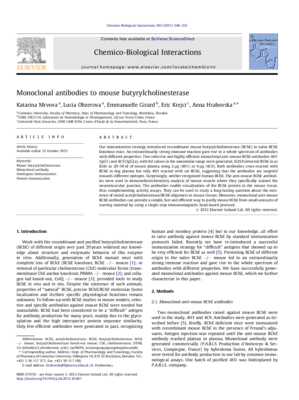 Monoclonal antibodies to mouse butyrylcholinesterase