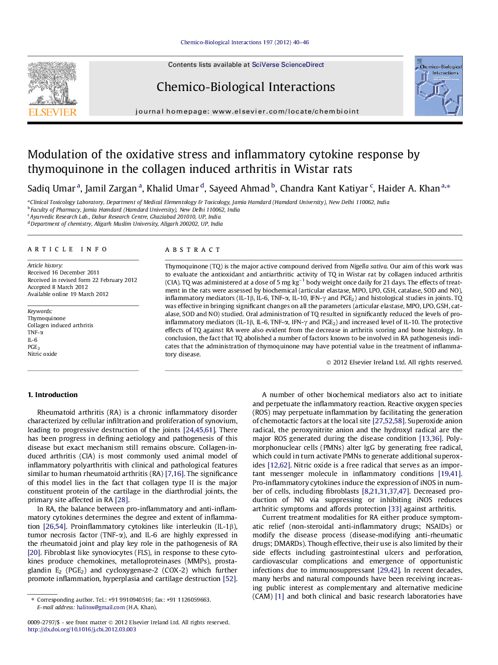 Modulation of the oxidative stress and inflammatory cytokine response by thymoquinone in the collagen induced arthritis in Wistar rats