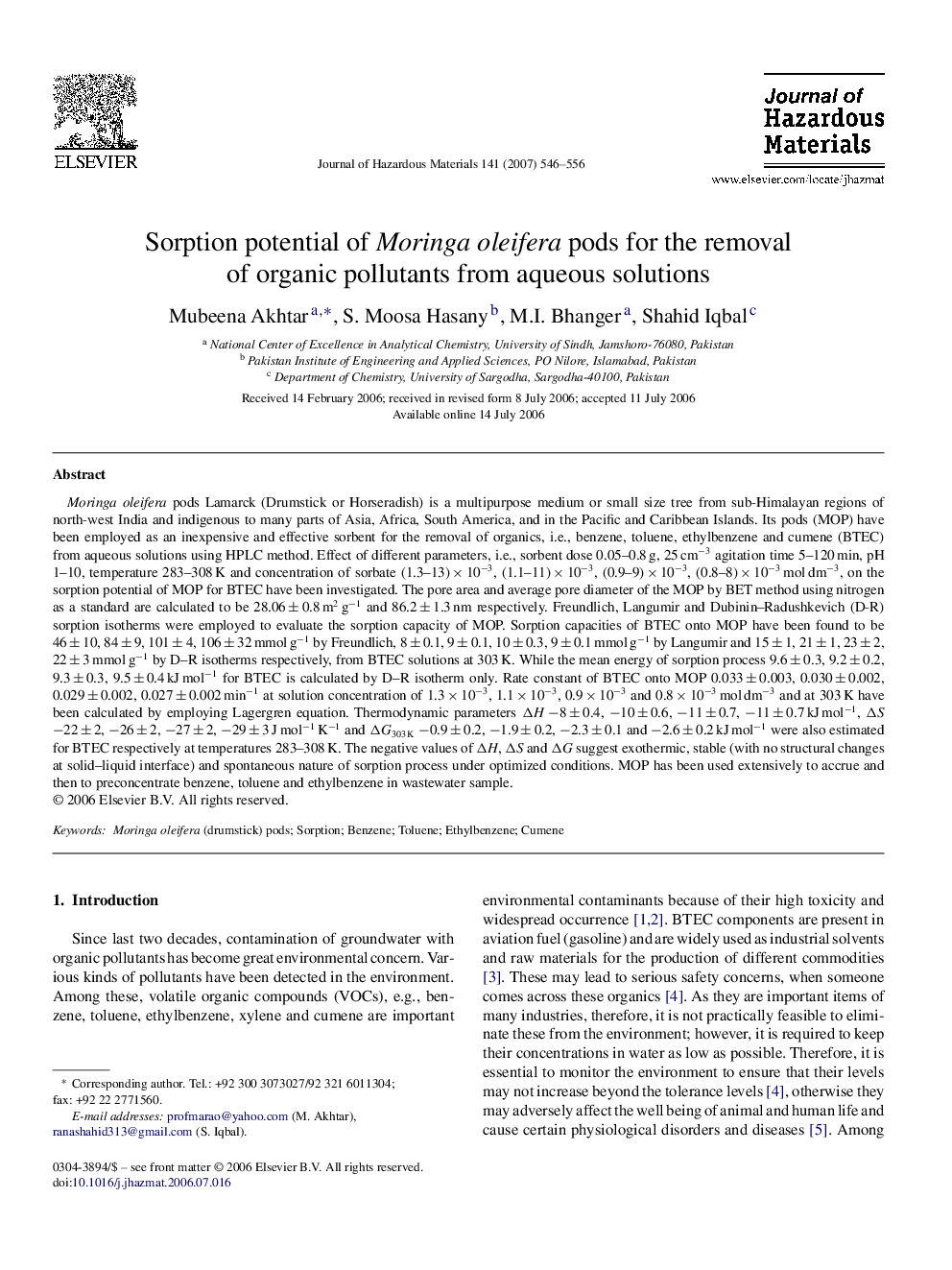 Sorption potential of Moringa oleifera pods for the removal of organic pollutants from aqueous solutions