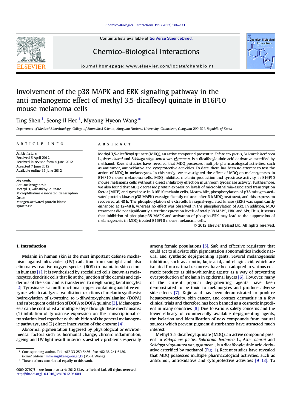 Involvement of the p38 MAPK and ERK signaling pathway in the anti-melanogenic effect of methyl 3,5-dicaffeoyl quinate in B16F10 mouse melanoma cells