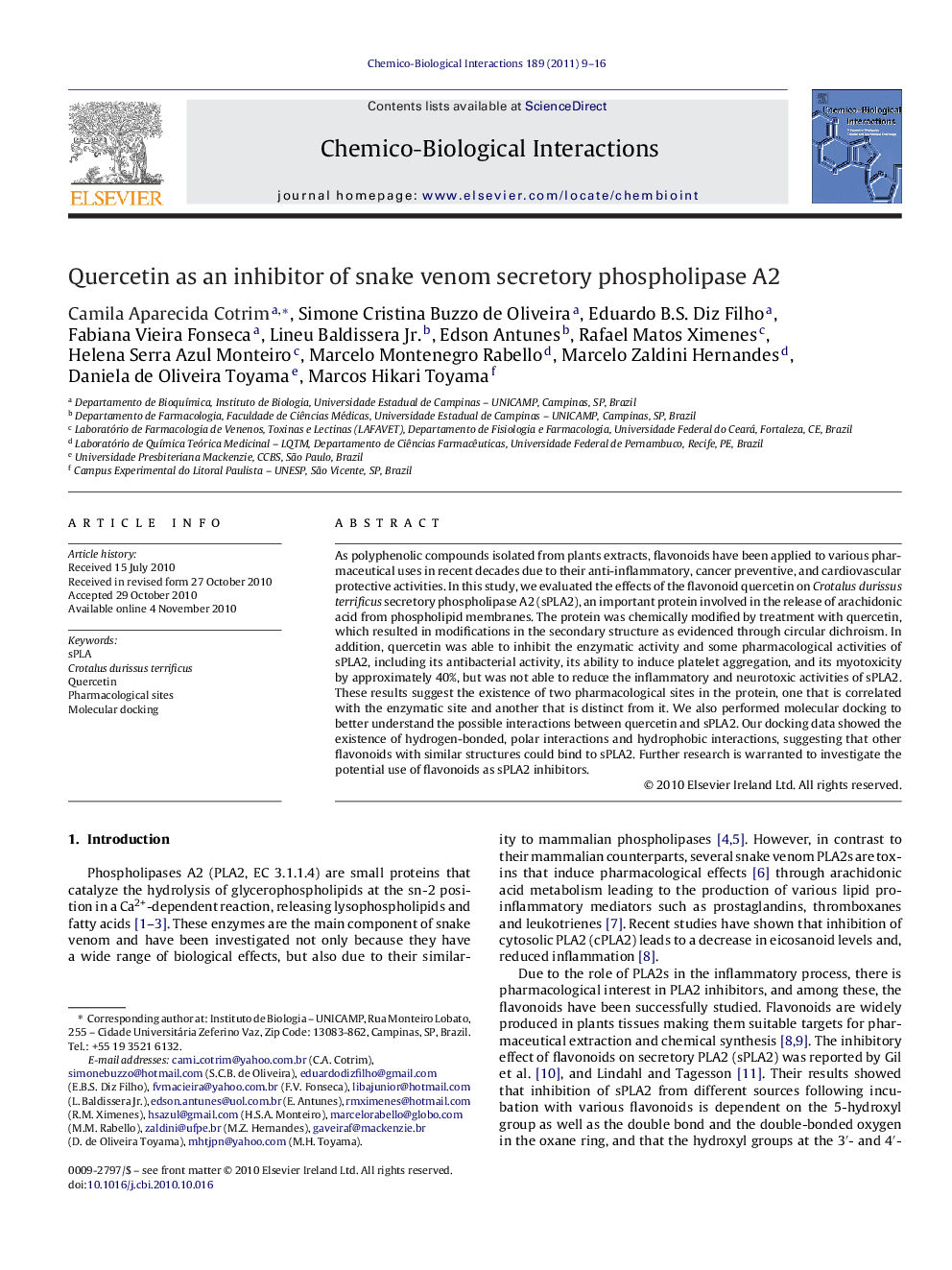 Quercetin as an inhibitor of snake venom secretory phospholipase A2