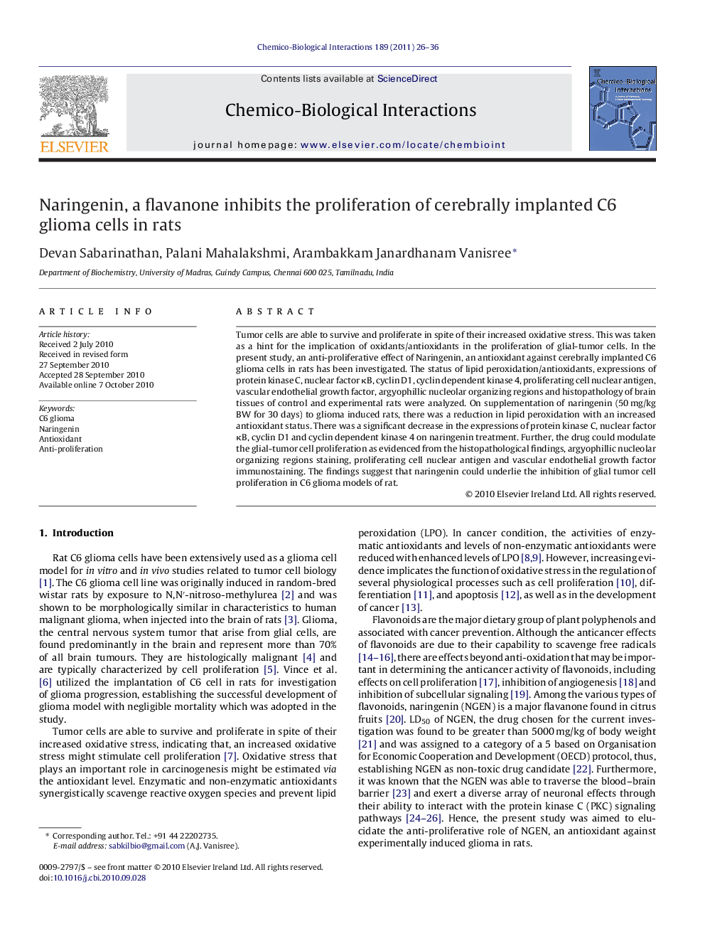 عکس صفحه اول مقاله: Naringenin, a flavanone inhibits the proliferation of cerebrally implanted C6 glioma cells in rats Naringenin, a flavanone inhibits the proliferation of cerebrally implanted C6 glioma cells in rats