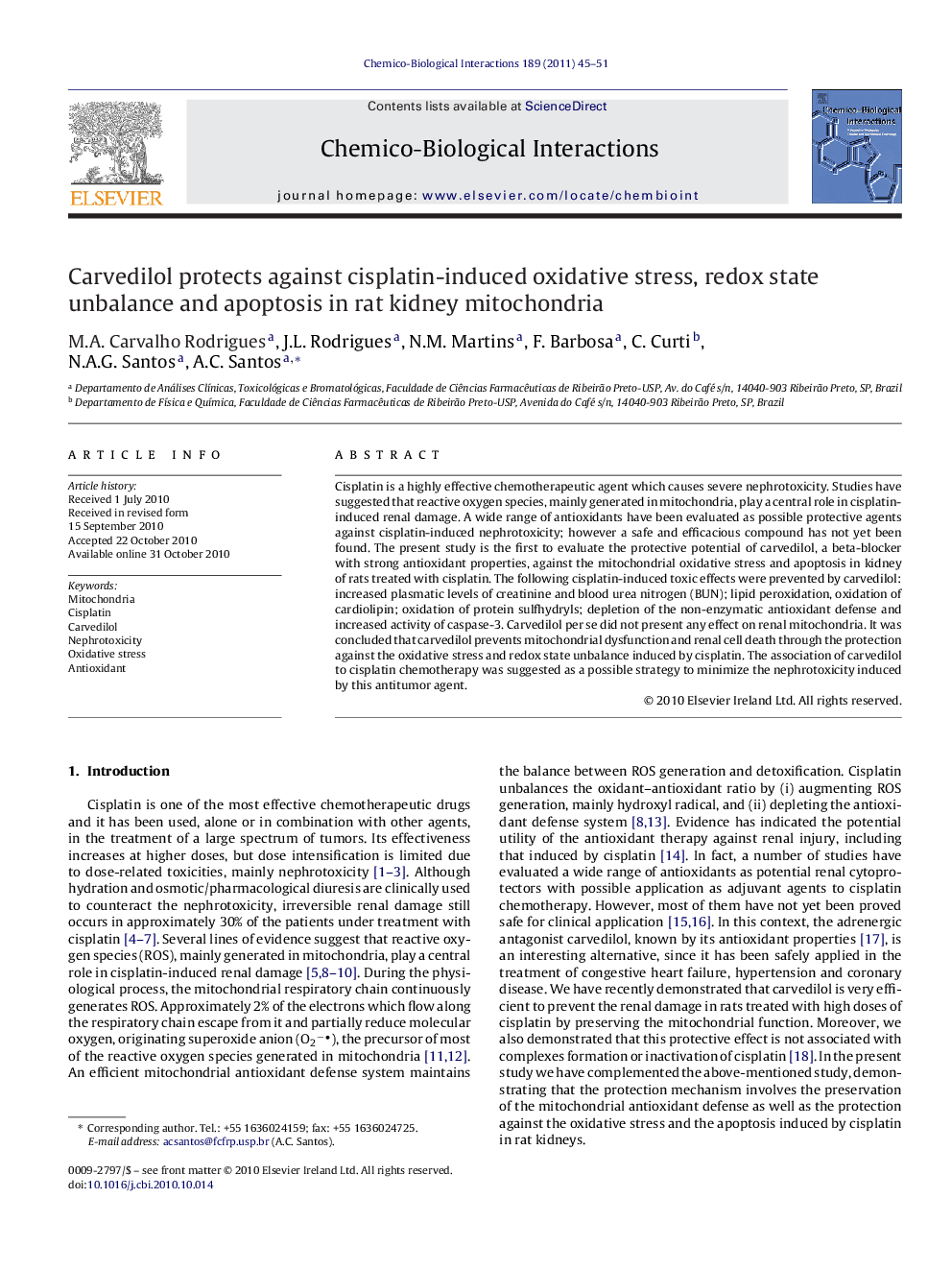 Carvedilol protects against cisplatin-induced oxidative stress, redox state unbalance and apoptosis in rat kidney mitochondria