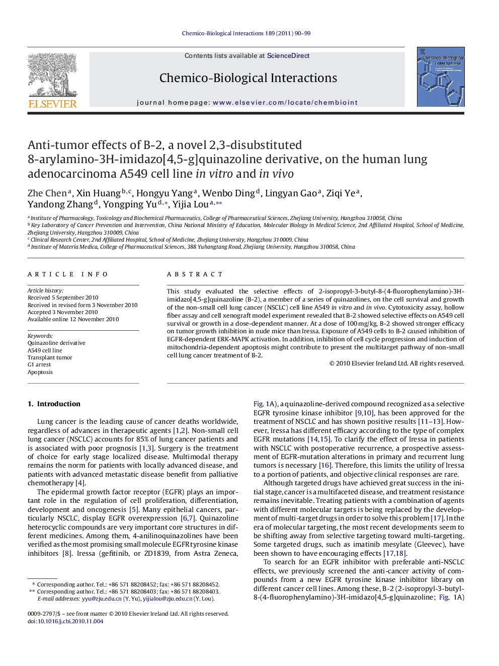 Anti-tumor effects of B-2, a novel 2,3-disubstituted 8-arylamino-3H-imidazo[4,5-g]quinazoline derivative, on the human lung adenocarcinoma A549 cell line in vitro and in vivo