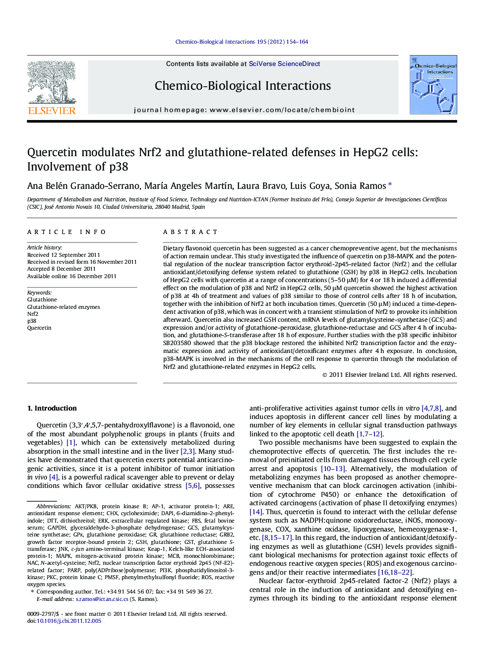 Quercetin modulates Nrf2 and glutathione-related defenses in HepG2 cells: Involvement of p38