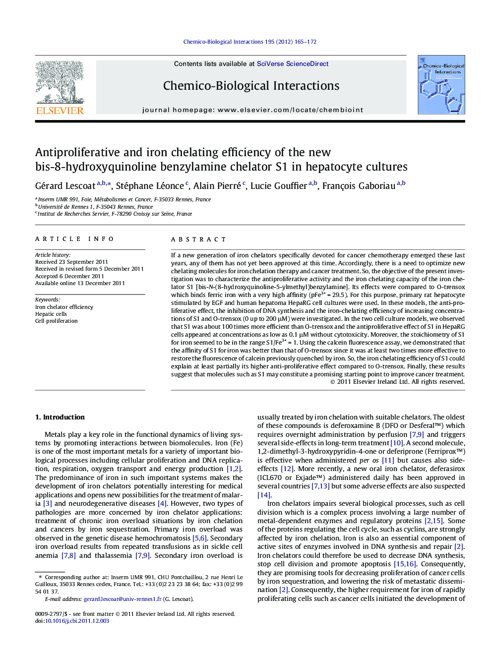 Antiproliferative and iron chelating efficiency of the new bis-8-hydroxyquinoline benzylamine chelator S1 in hepatocyte cultures