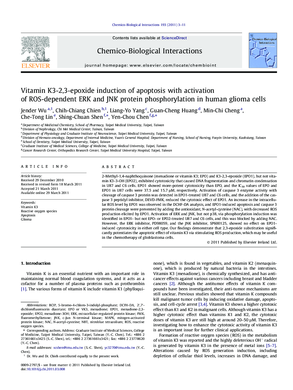 Vitamin K3-2,3-epoxide induction of apoptosis with activation of ROS-dependent ERK and JNK protein phosphorylation in human glioma cells