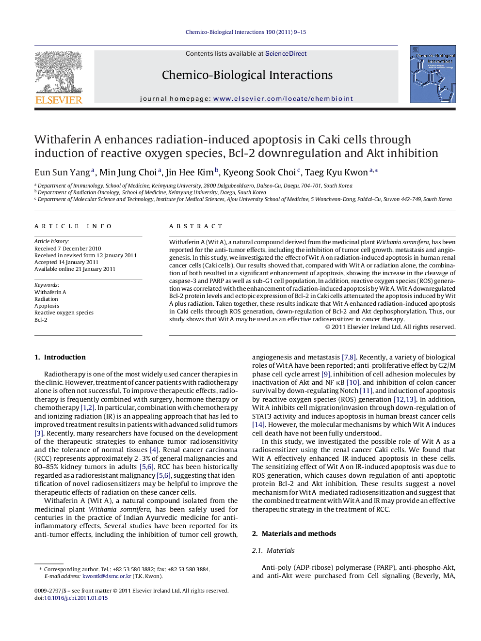 Withaferin A enhances radiation-induced apoptosis in Caki cells through induction of reactive oxygen species, Bcl-2 downregulation and Akt inhibition