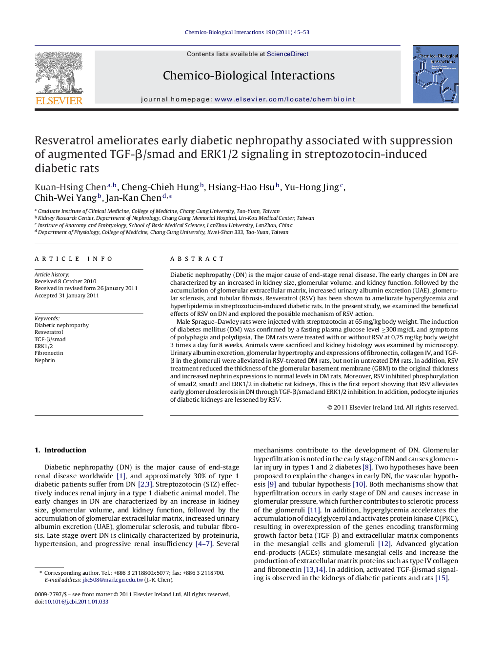 Resveratrol ameliorates early diabetic nephropathy associated with suppression of augmented TGF-Î²/smad and ERK1/2 signaling in streptozotocin-induced diabetic rats