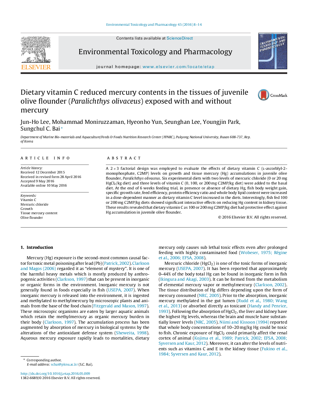 Dietary vitamin C reduced mercury contents in the tissues of juvenile olive flounder (Paralichthys olivaceus) exposed with and without mercury