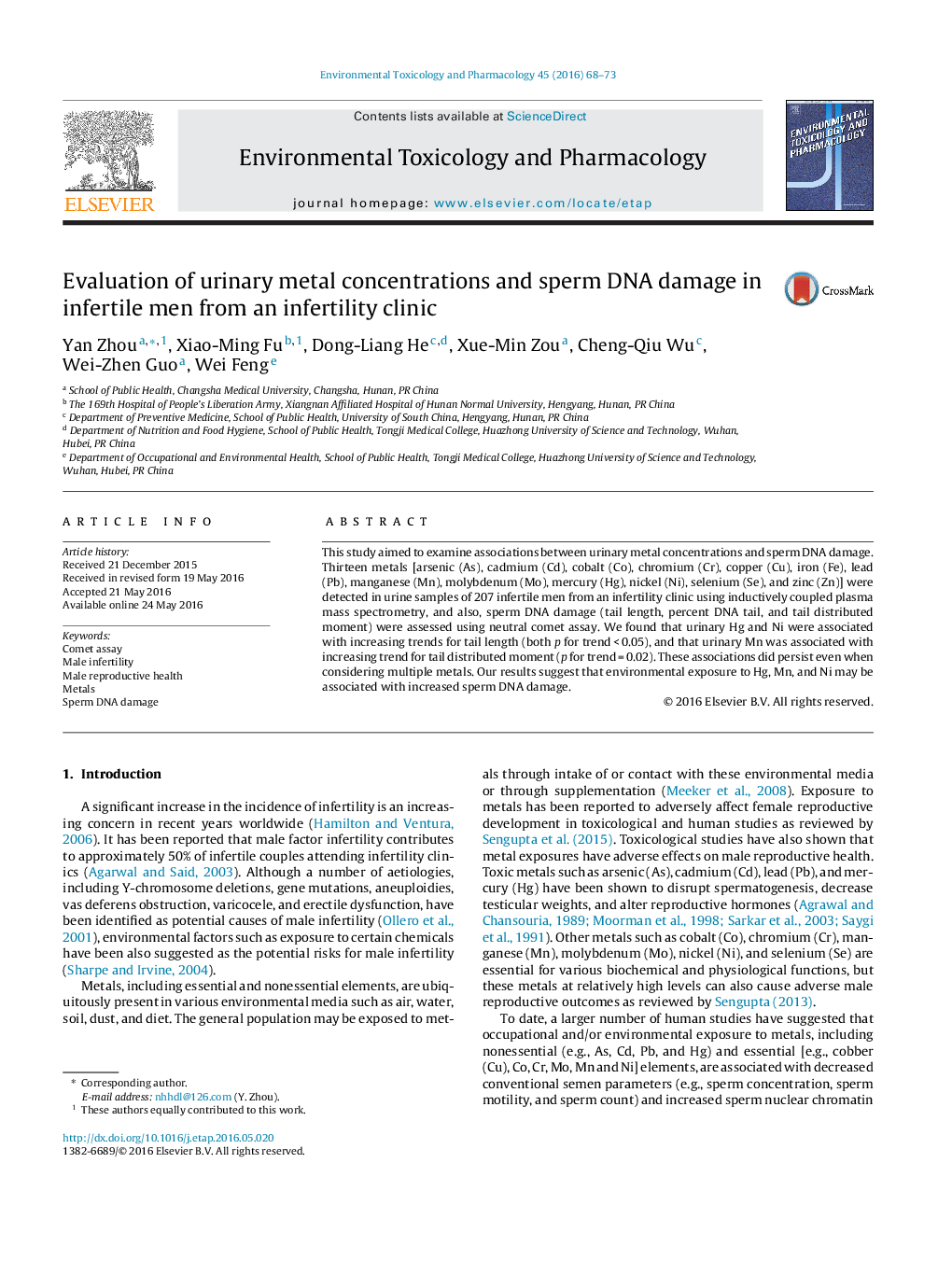 Evaluation of urinary metal concentrations and sperm DNA damage in infertile men from an infertility clinic