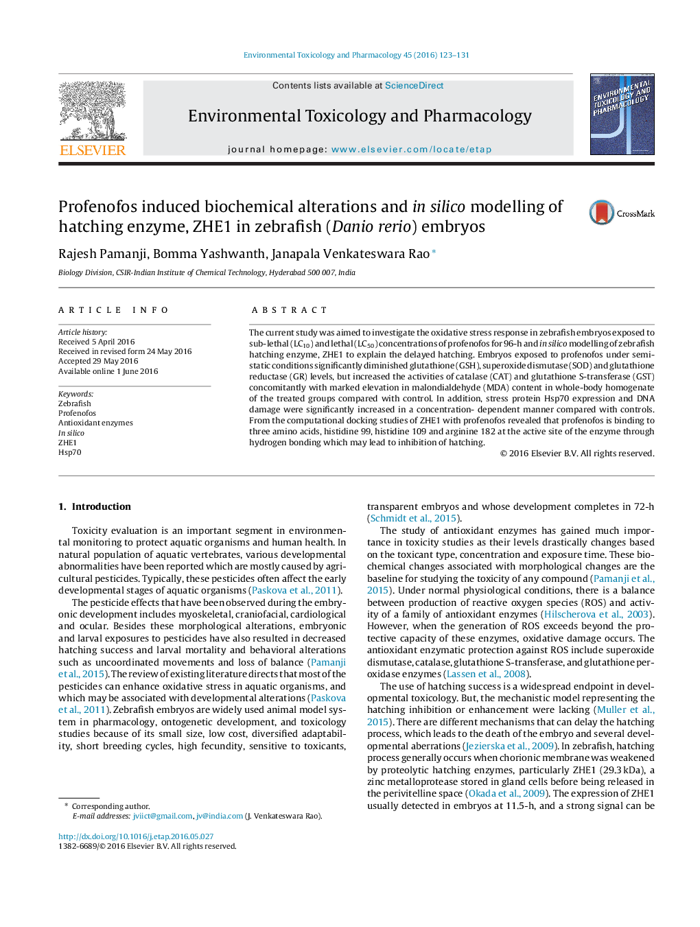 Profenofos induced biochemical alterations and in silico modelling of hatching enzyme, ZHE1 in zebrafish (Danio rerio) embryos