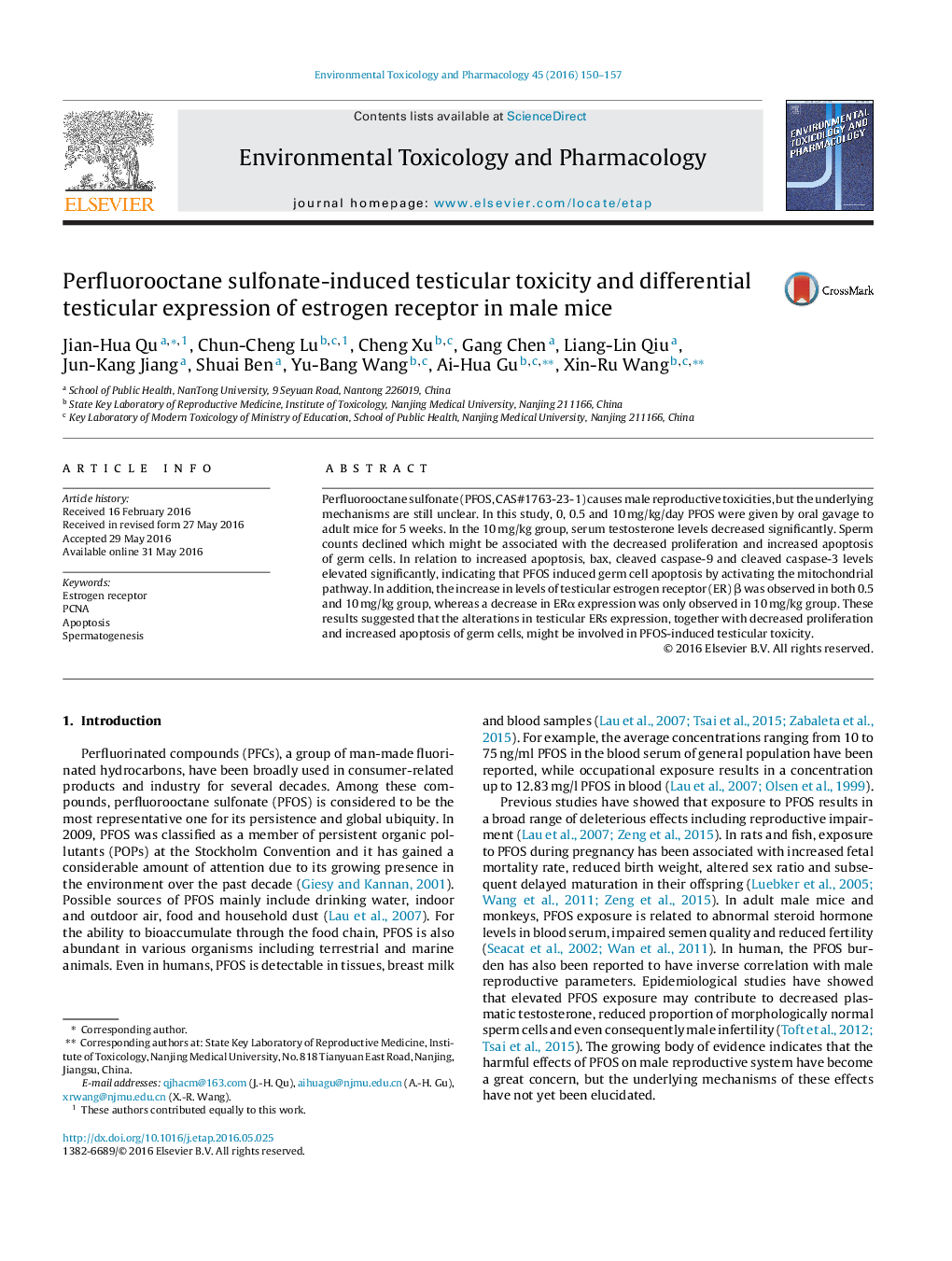 Perfluorooctane sulfonate-induced testicular toxicity and differential testicular expression of estrogen receptor in male mice