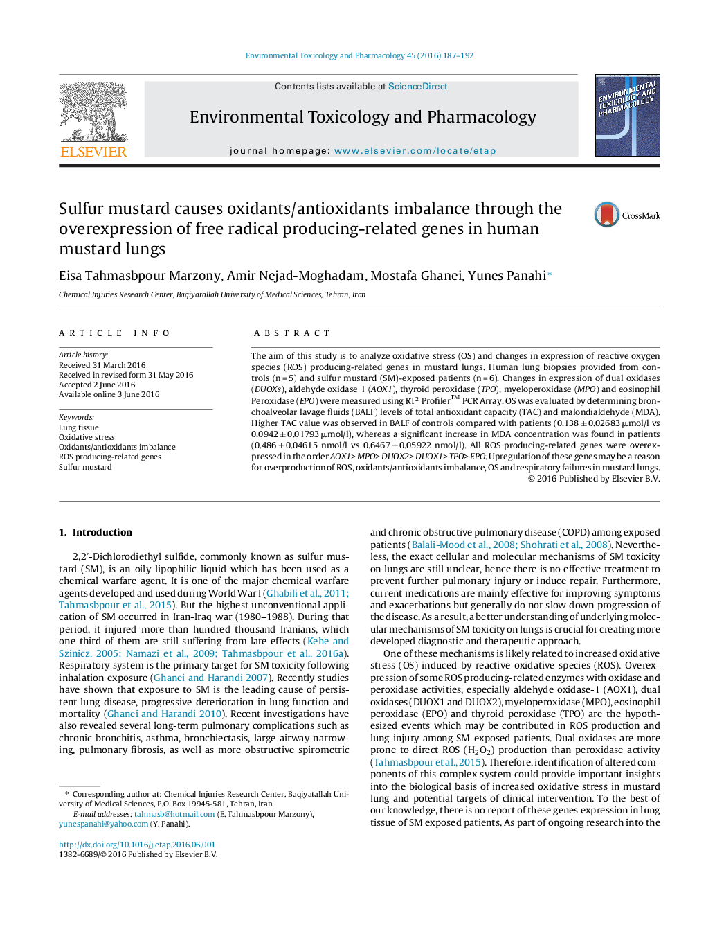 Sulfur mustard causes oxidants/antioxidants imbalance through the overexpression of free radical producing-related genes in human mustard lungs