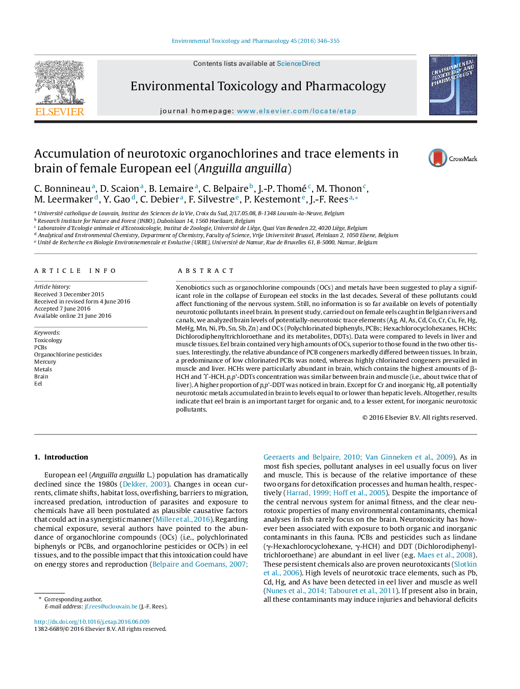 Accumulation of neurotoxic organochlorines and trace elements in brain of female European eel (Anguilla anguilla)