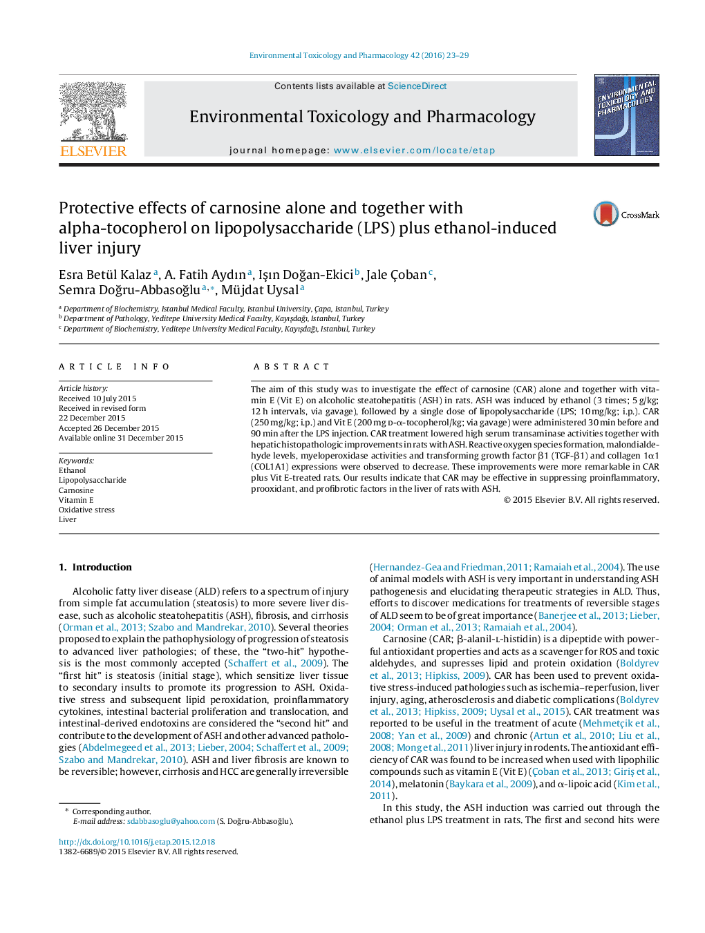 Protective effects of carnosine alone and together with alpha-tocopherol on lipopolysaccharide (LPS) plus ethanol-induced liver injury