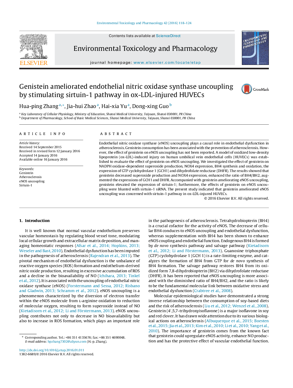 Genistein ameliorated endothelial nitric oxidase synthase uncoupling by stimulating sirtuin-1 pathway in ox-LDL-injured HUVECs