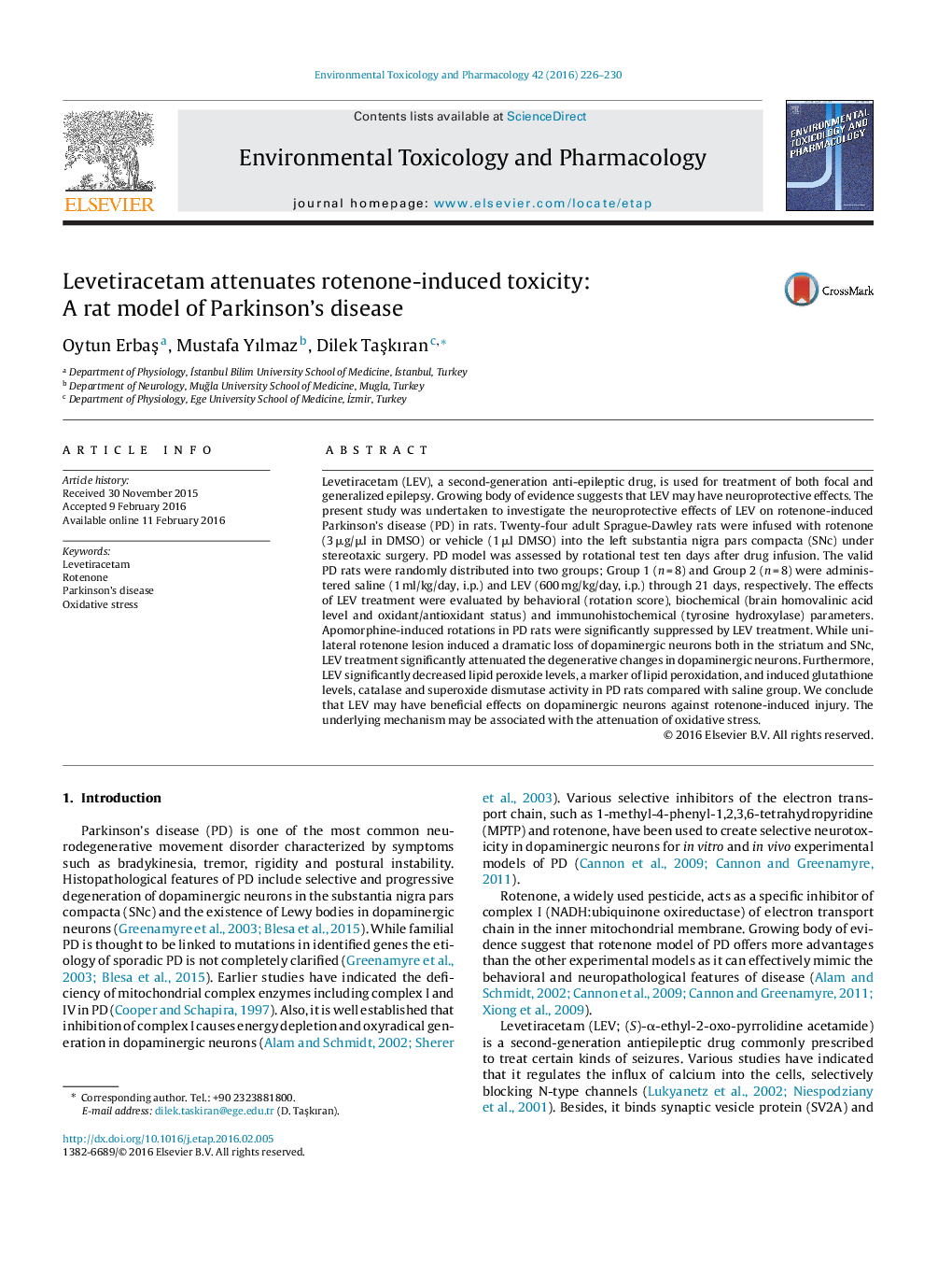 Levetiracetam attenuates rotenone-induced toxicity: A rat model of Parkinson's disease