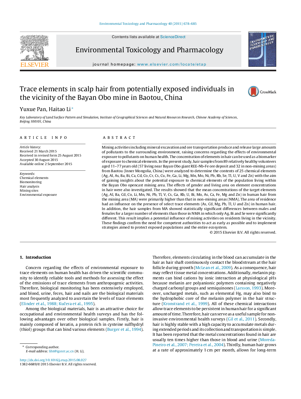 Trace elements in scalp hair from potentially exposed individuals in the vicinity of the Bayan Obo mine in Baotou, China