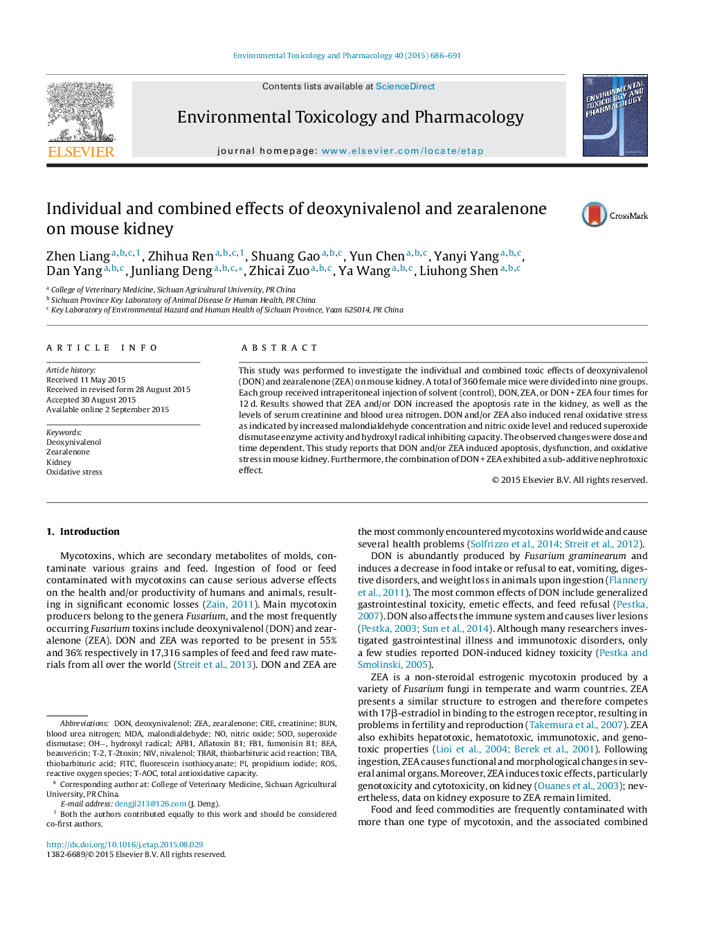 Individual and combined effects of deoxynivalenol and zearalenone on mouse kidney