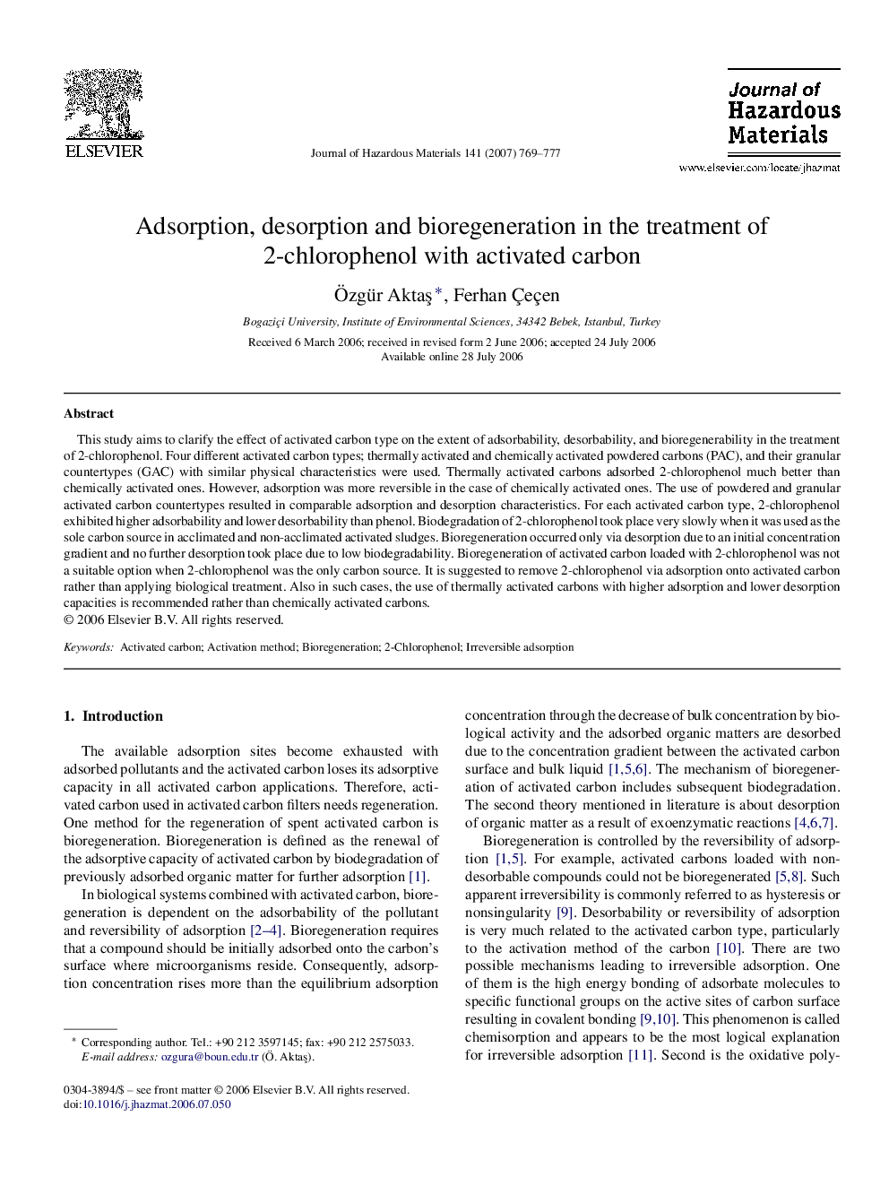 Adsorption, desorption and bioregeneration in the treatment of 2-chlorophenol with activated carbon