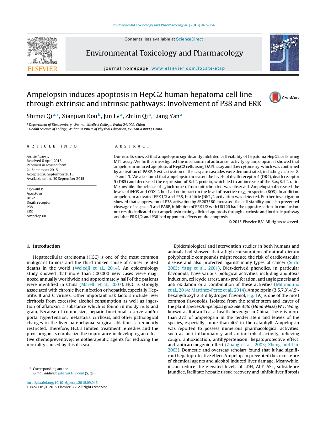 Ampelopsin induces apoptosis in HepG2 human hepatoma cell line through extrinsic and intrinsic pathways: Involvement of P38 and ERK