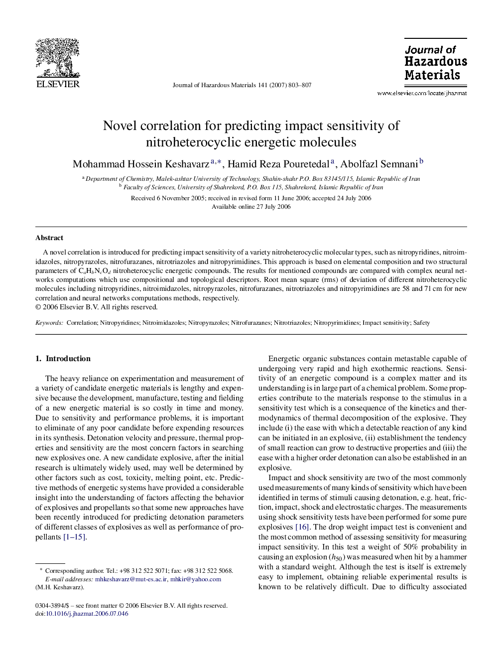 Novel correlation for predicting impact sensitivity of nitroheterocyclic energetic molecules