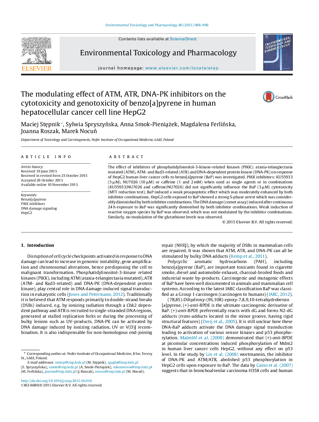 The modulating effect of ATM, ATR, DNA-PK inhibitors on the cytotoxicity and genotoxicity of benzo[a]pyrene in human hepatocellular cancer cell line HepG2