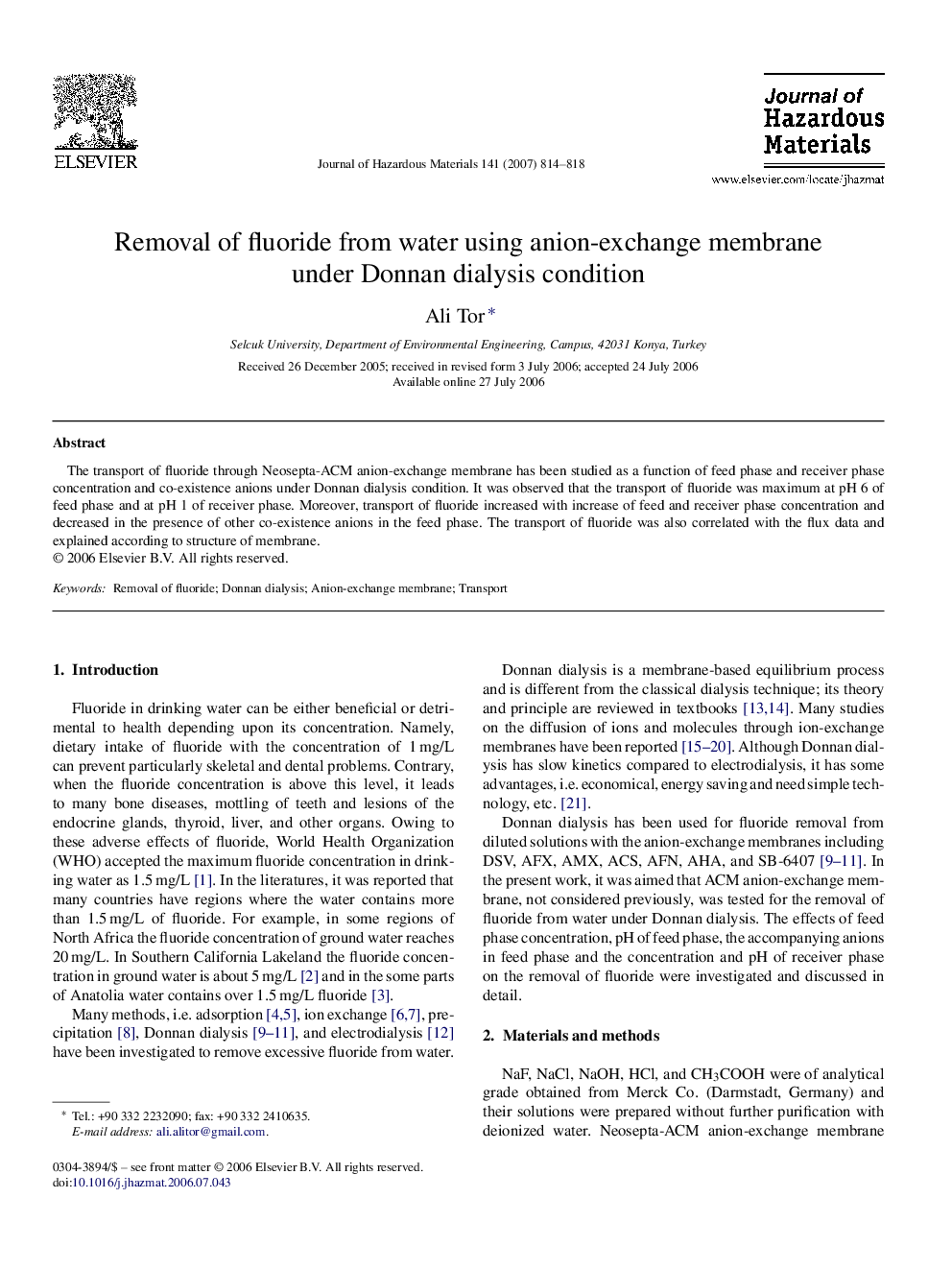 Removal of fluoride from water using anion-exchange membrane under Donnan dialysis condition