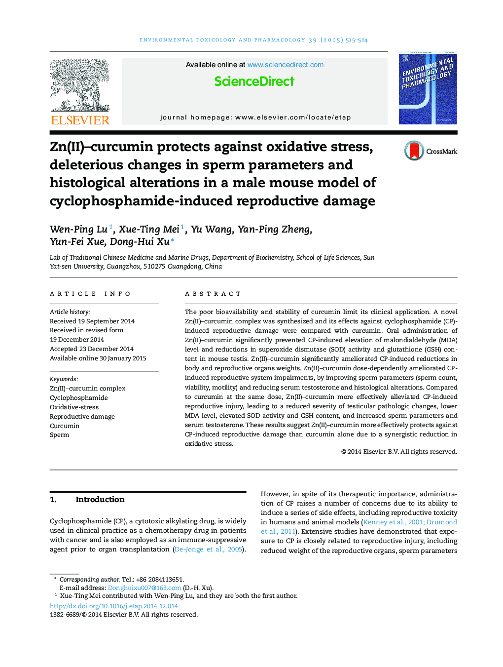 Zn(II)-curcumin protects against oxidative stress, deleterious changes in sperm parameters and histological alterations in a male mouse model of cyclophosphamide-induced reproductive damage