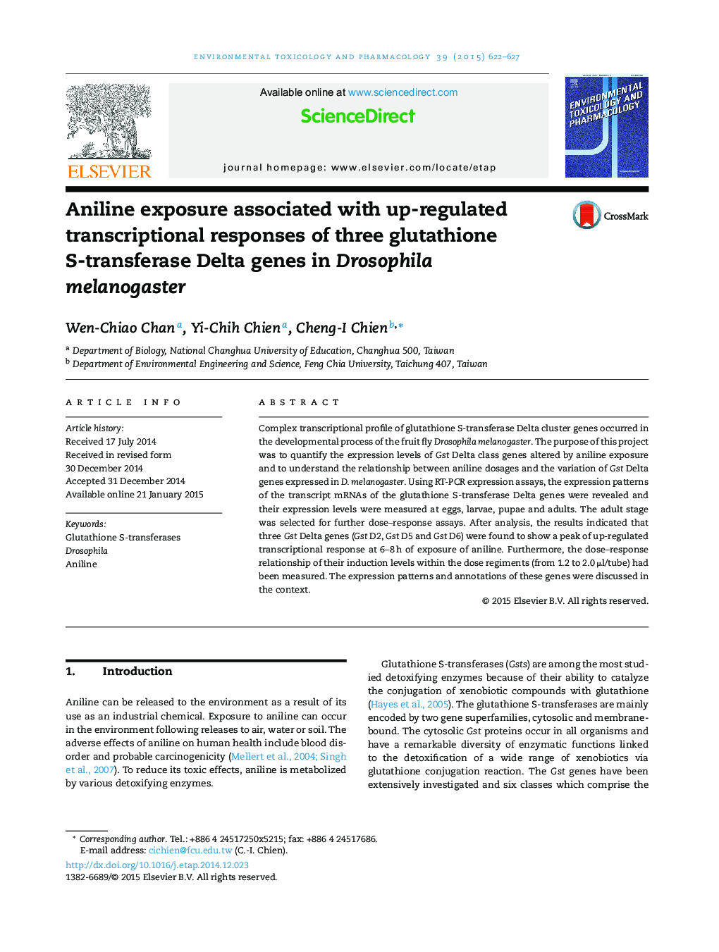 Aniline exposure associated with up-regulated transcriptional responses of three glutathione S-transferase Delta genes in Drosophila melanogaster