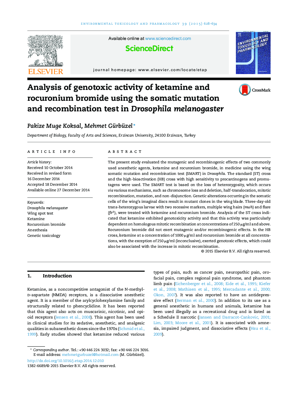 Analysis of genotoxic activity of ketamine and rocuronium bromide using the somatic mutation and recombination test in Drosophila melanogaster