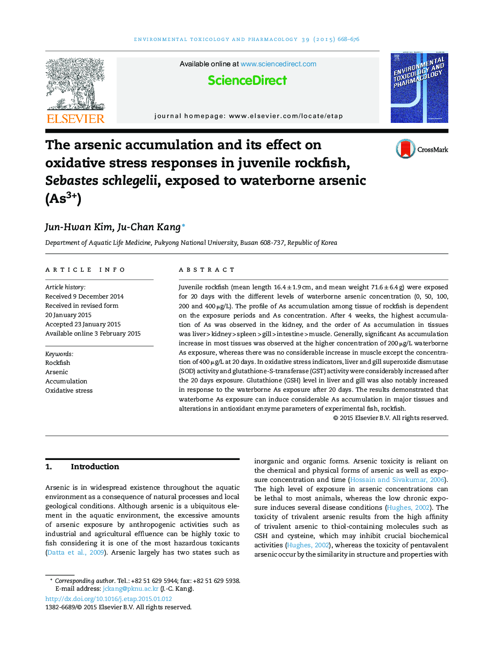 The arsenic accumulation and its effect on oxidative stress responses in juvenile rockfish, Sebastes schlegelii, exposed to waterborne arsenic (As3+)