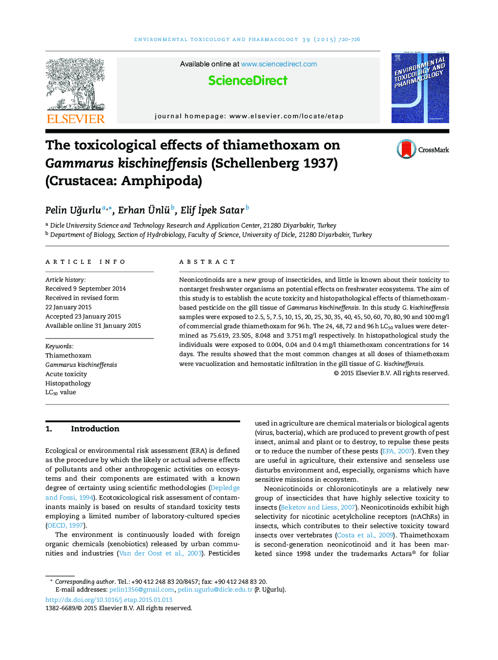 The toxicological effects of thiamethoxam on Gammarus kischineffensis (Schellenberg 1937) (Crustacea: Amphipoda)