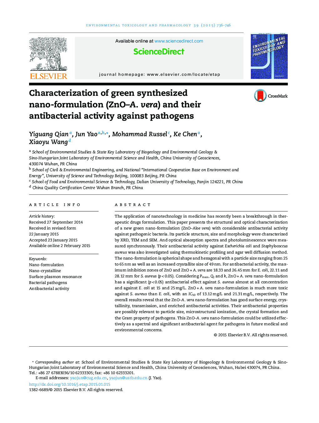 Characterization of green synthesized nano-formulation (ZnO-A. vera) and their antibacterial activity against pathogens