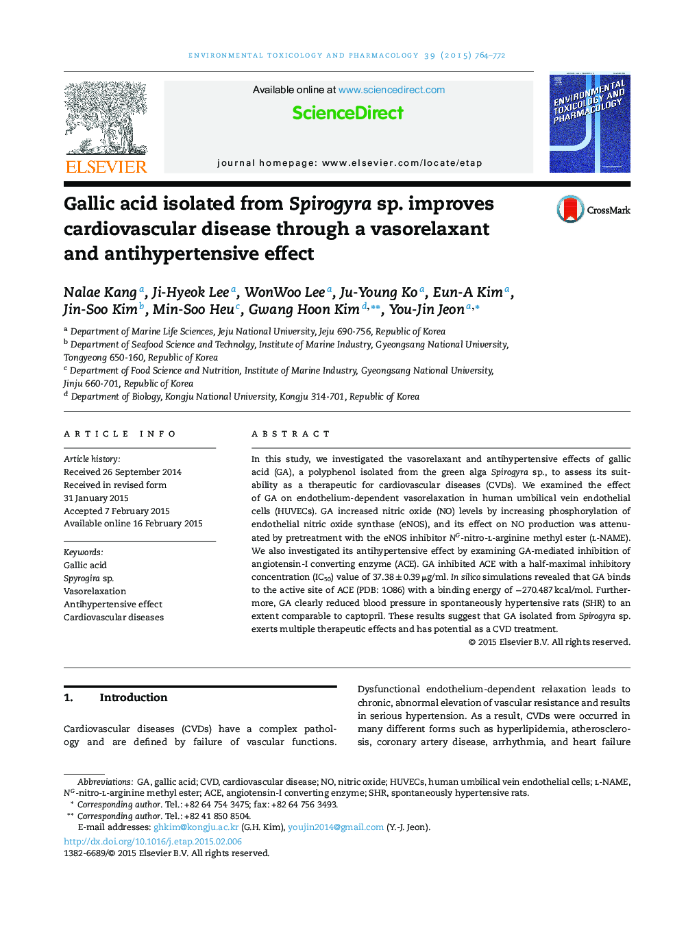 Gallic acid isolated from Spirogyra sp. improves cardiovascular disease through a vasorelaxant and antihypertensive effect