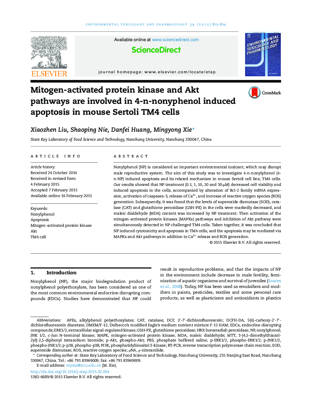 Mitogen-activated protein kinase and Akt pathways are involved in 4-n-nonyphenol induced apoptosis in mouse Sertoli TM4 cells