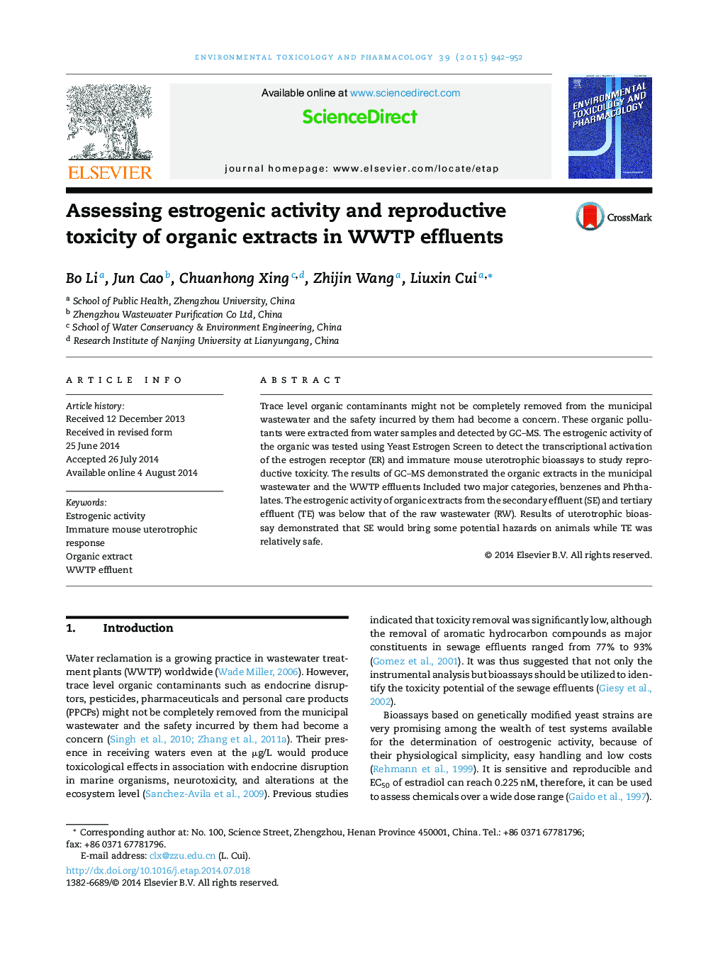 Assessing estrogenic activity and reproductive toxicity of organic extracts in WWTP effluents